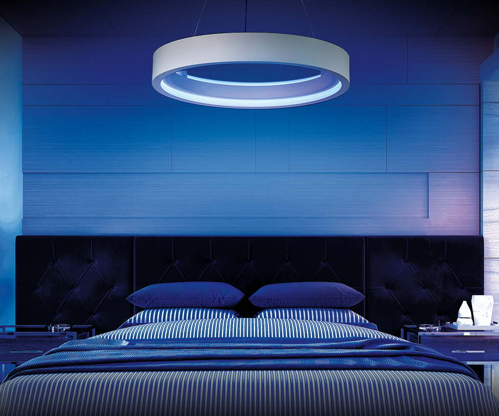 The iCorona 28-Inch LED Pendant features smart Philips HUE lighting with sleek ET2 Lighting style