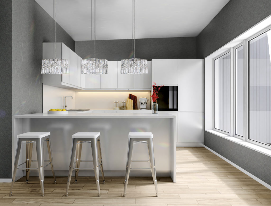 The Selene by Swarovski lends lots of shimmer to this monochromatic kitchen