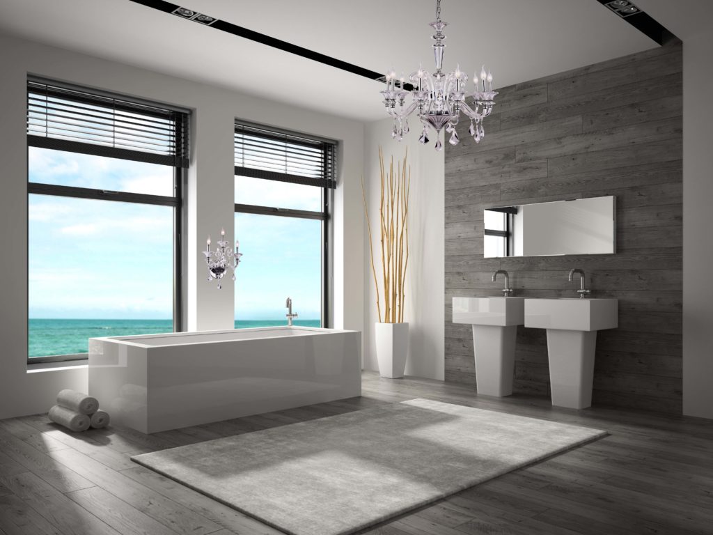 Aurora Chandelier by Elegant Lighting adds traditional elements to a modern bathroom