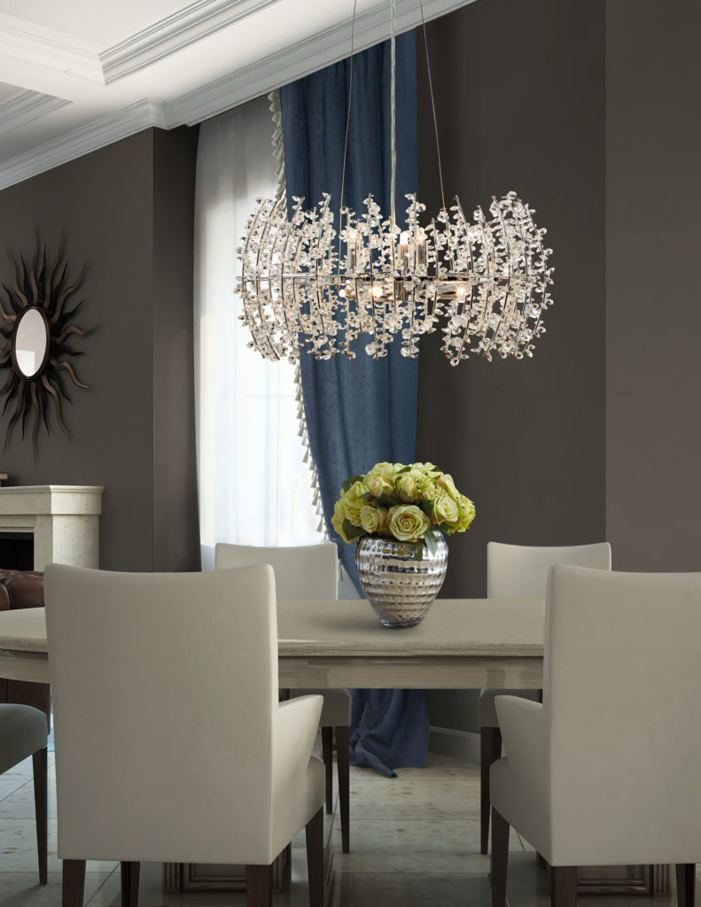 The Valla by Quiozel adds sparkle and energy to a clean, contemporary dining room