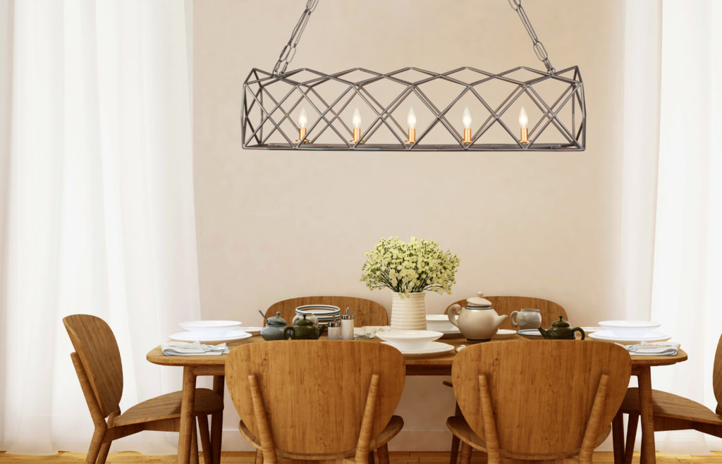 Geometric lighting fixtures can be linear, like this Geo by Varaluz hanging over a long dining table