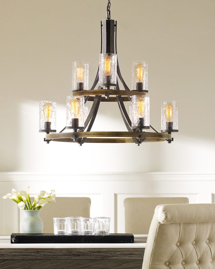 Feiss Angelo Chandelier combines wrought iron, glass and wood to impress guests in the dining room
