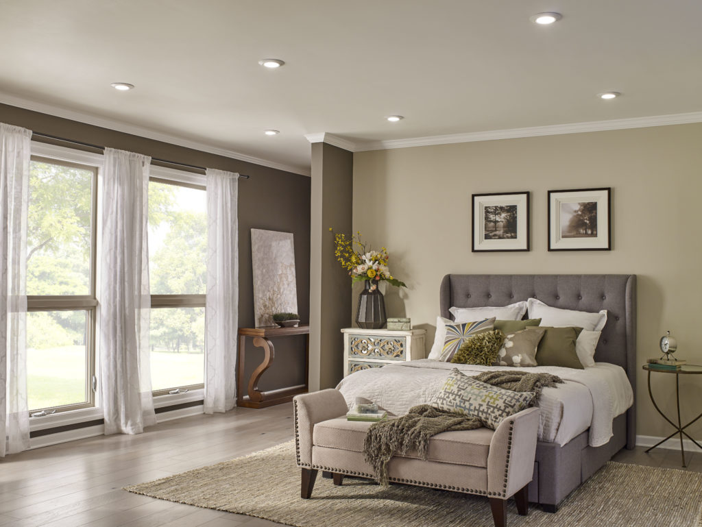 Horizon recessed lights are the only source of general lighting in a transitional-glam bedroom | Capitol Lighting
