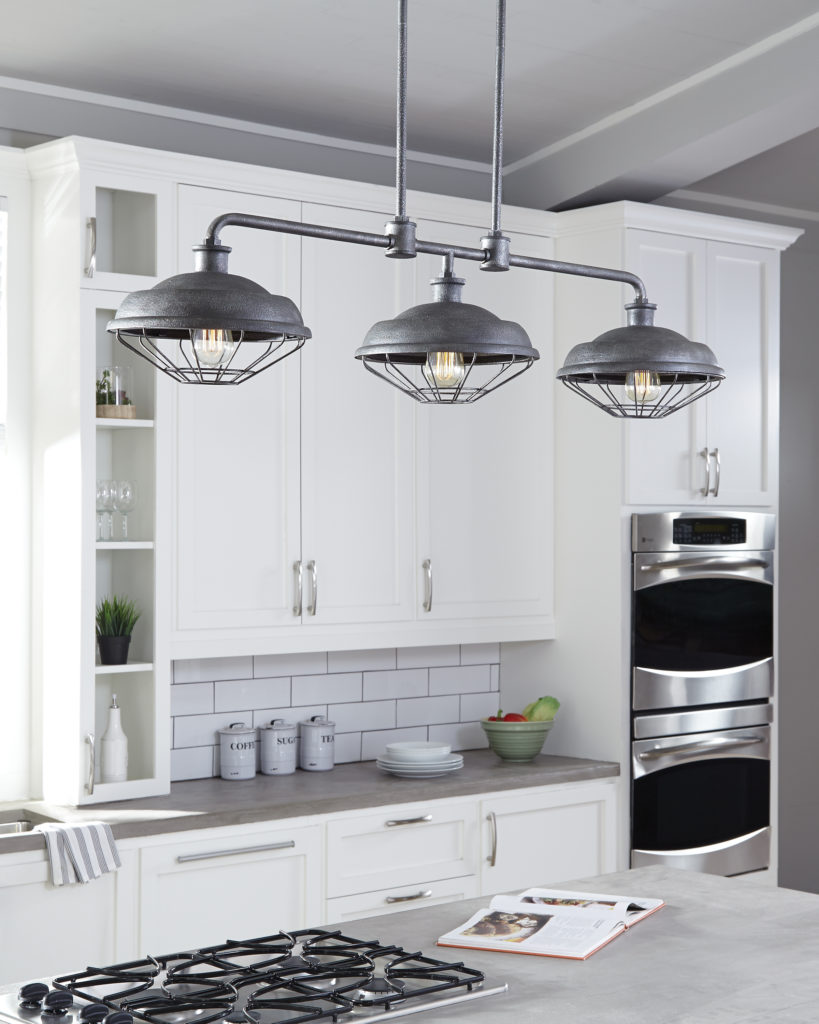 Feiss Lennex Suspension Light adds industrial simplicity to modern farmhouse kitchen. 