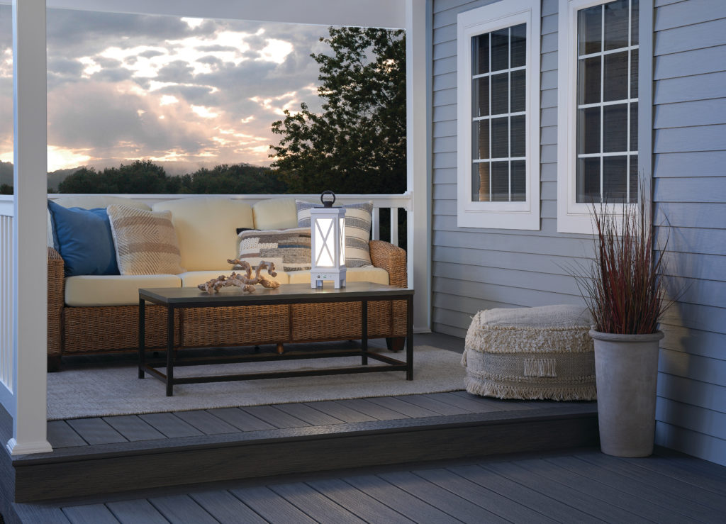 Coastal-style Montego is an outside lantern light with built-in speakers for back-deck entertaining.
