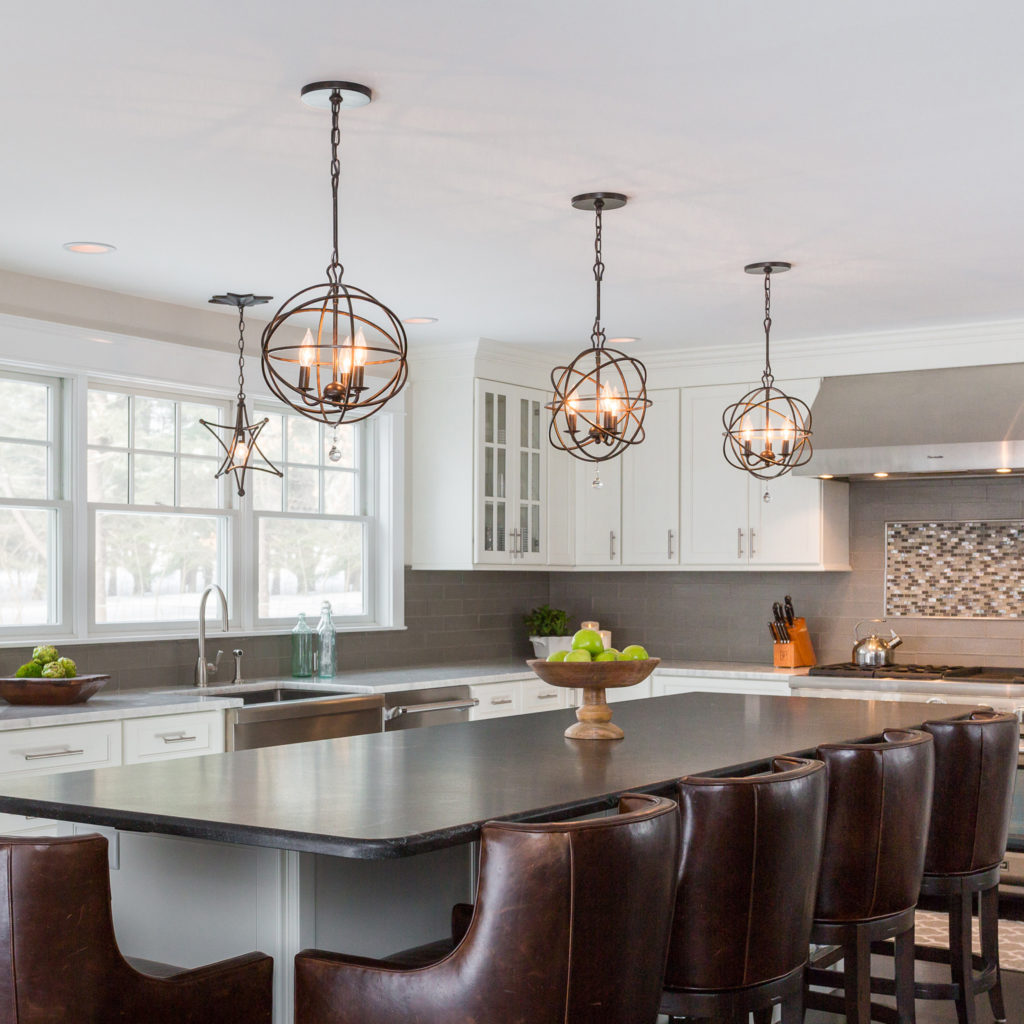 Unique kitchen lighting can be three Solaris Mini Chandeliers over a long, rectangular island.  