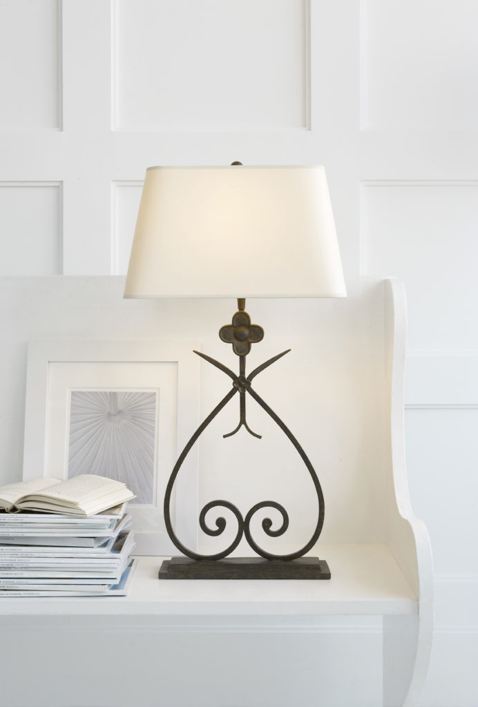 Suzanne Kasler Harper lamp's unique heart shape made of iron, perfect for a master suite side table
