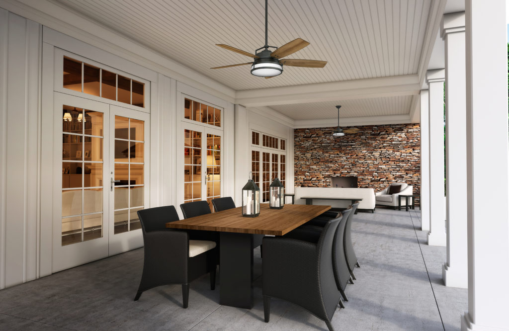 Caneel Bay outdoor ceiling fan blends in with the iron lanterns and dark wood patio table. 