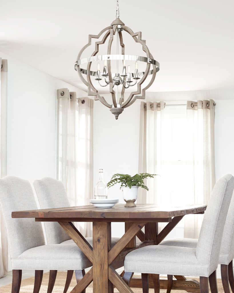 The quatrefoil Socorro chandelier is an exquisite LED lighting design for modern dining rooms.