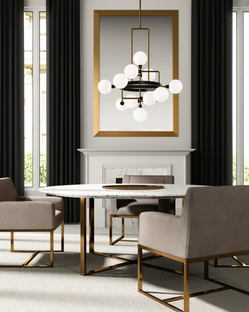 The 12-LED light Viaggio chandelier screams art deco lighting in this purely modern dining room.