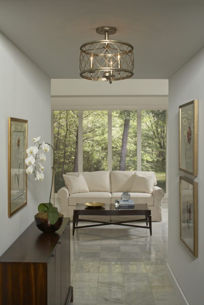 Dury semi-flush mount lends elegant European lighting design to modern entryway.
