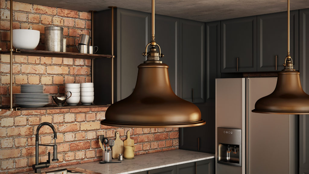 Emery bell-shaped pendant in bronze accents a traditional or farmhouse kitchen design. 
