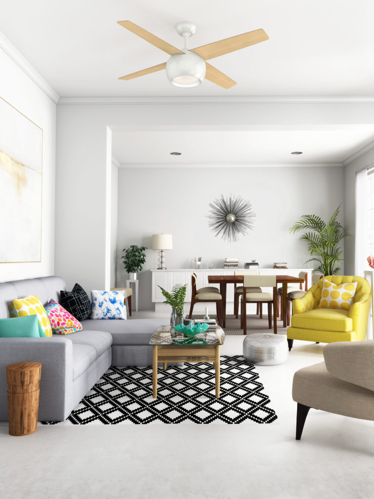 Valby ceiling fan offers living room lighting to a modern space with bold colors and patterns. 