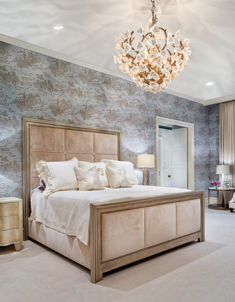 A bedroom lit by a Lily 26 Inch Large Pendant by Corbett Lighting from Capitol Lighting