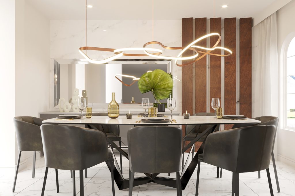 Hanging lights above store dining table