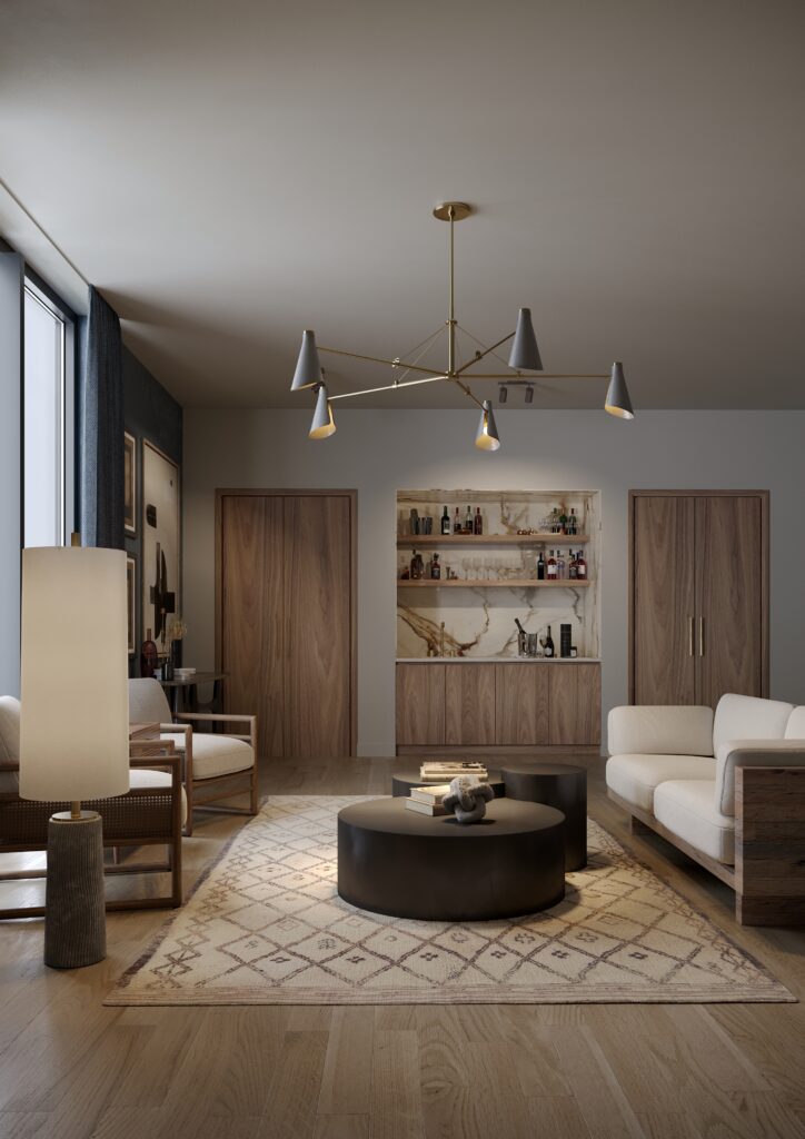 Modern living room with neutral tones, wood accents, and a built-in bar.