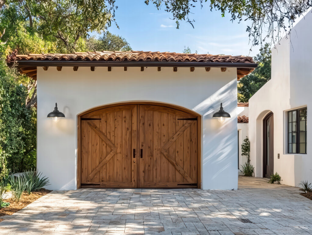 Outdoor barn lights mounted on each side of a wooden garage door.